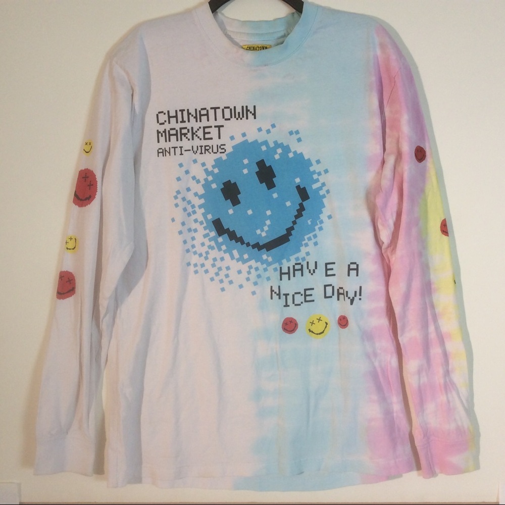 Chinatown Market Smiley Anti-Virus Ombre X Eyes Long Sleeve T Shirt *STAINS